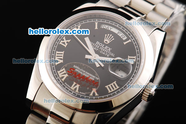 Rolex Day-Date Oyster Perpetual Automatic Movement Full Steel with Black Dial and Silver Roman Markers - Click Image to Close